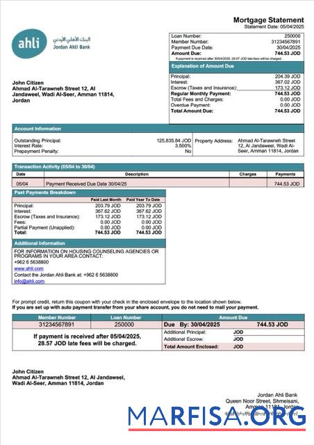 Printable Jordan Ahli Bank mortgage statement Word and PDF template